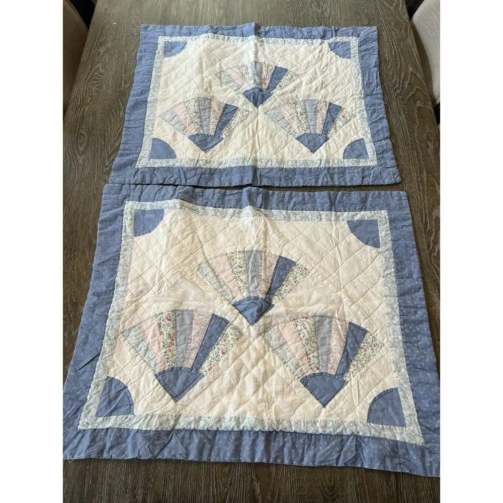 VTG Quilted Patchwork Pillow Shams Set Of 2 Hand Stitched‎ Queen Fan Print